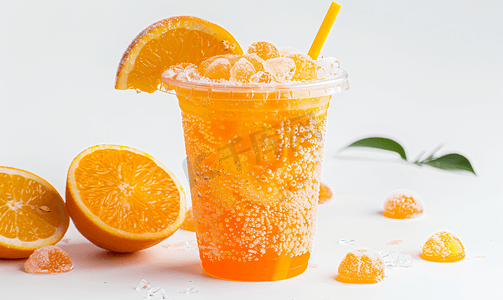 全新的口味摄影照片_白色背景下塑料杯中橙子的冰沙