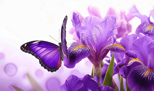 紫色餐布摄影照片_虹膜与紫色蝴蝶紫壁纸