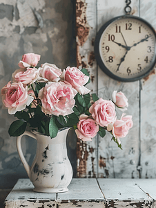 挂钟空白日历和水罐里的粉红玫瑰