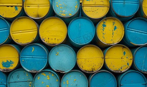 化学垃圾摄影照片_蓝色和黄色油桶或垂直堆叠的化学桶