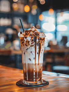 糖浆液体摄影照片_冰咖啡加牛奶巧克力糖浆和冰