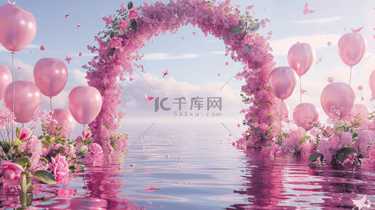 粉色可爱花朵背景图片_六一水面上粉色卡通3D花朵气球拱门背景