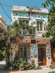 黎巴嫩摄影照片_黎巴嫩贝鲁特布满弹孔的房屋