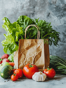 抗疫口号摄影照片_工艺购物袋中的新鲜有机蔬菜