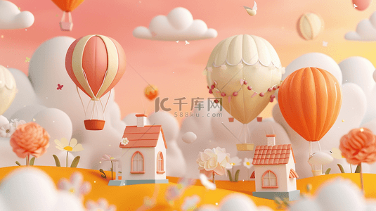 梦幻六一背景图片_六一粉色梦幻花朵热气球小木屋电商展台背景
