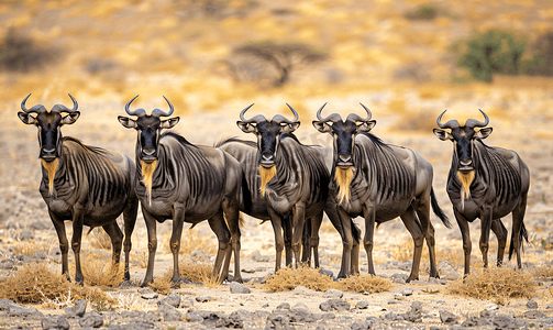 新年金牛送福摄影照片_一群蓝色角马或斑纹牛羚