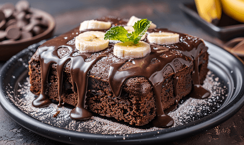 巧克力香蕉蛋糕用巧克力和面粉盖的香蕉