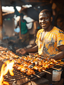 露天烧烤摊摄影照片_加纳街头烧烤摊的烤鸡