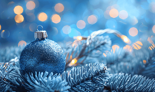 室内圣诞树摄影照片_圣诞树树枝上的蓝色球和灯串