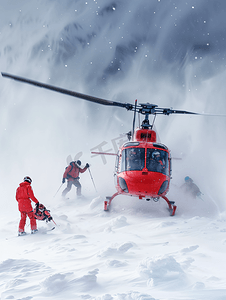 救援队用红色直升机营救受伤的滑雪者