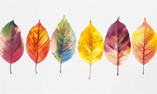 热带叶子植物摄影照片_彩色树叶图案渐变颜色秋叶孤立在白色背景