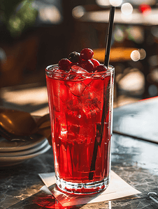 餐厅里特写的一杯色彩缤纷的新鲜红蔓越莓汁