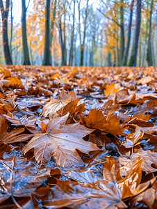 深秋地面上湿漉漉的落叶景象