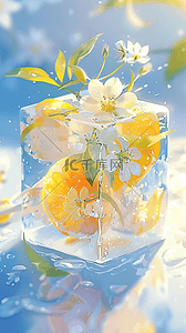 柠檬的夏天背景图片_夏日清新可爱冰块里的柠檬花朵背景图