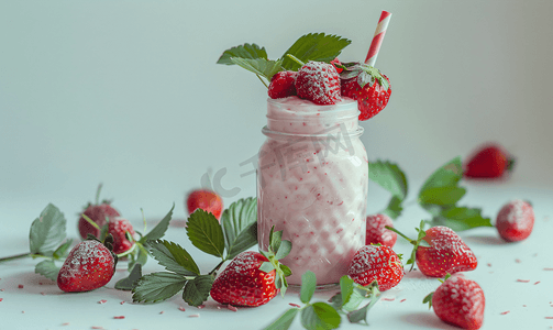 玻璃罐中的草莓奶昔和带叶子的新鲜草莓