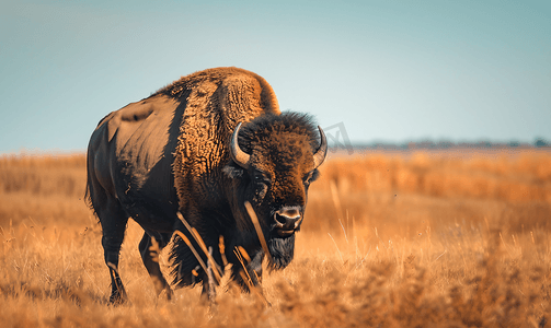 达科他州摄影照片_令人惊叹的野牛穿过南达科他州高高的草丛