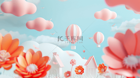 粉色电商素材背景图片_六一粉色梦幻花朵热气球小木屋电商展台素材