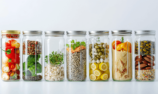 厨房刷子摄影照片_白色背景上装有食品成分的玻璃罐零废物概念