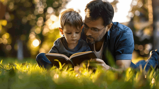 爸爸节日摄影照片_草坪上和爸爸一起看书的儿童1