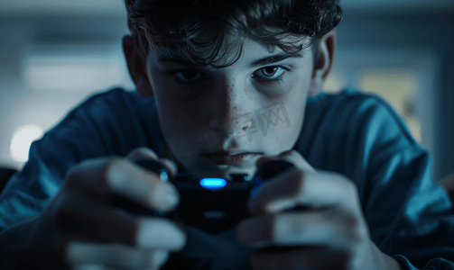 一位年轻玩家用操纵杆玩视频游戏的特写镜头