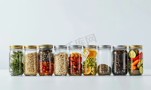 摄影废物利用照片摄影照片_白色背景上装有食品成分的玻璃罐零废物概念