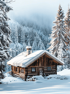 寒冷的冬日早晨有新鲜雪的木屋