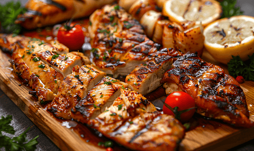 美味的新鲜烤鸡肉和鱼放在木盘上味道鲜美可口