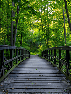前方清晰的道路可以看到通往森林的人行桥的对称景观