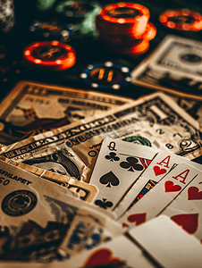 玩扑克牌摄影照片_在赌场用扑克牌和金钱下大赌注