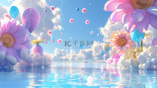 六一蓝粉色卡通3D花朵气球拱门背景素材