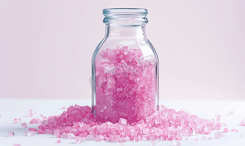 白色背景中分离的粉色冰糖或结晶糖玻璃瓶