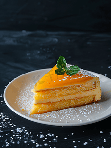 传统糕点摄影照片_黑色背景上白盘子上漂亮的橙色蛋糕
