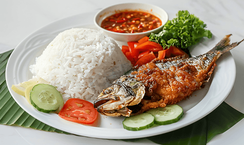 脆皮炸鱼配米饭、蔬菜和辣椒
