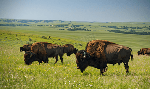 西牛摄影照片_野牛在南达科他州的草原上吃草