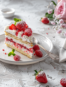 蛋糕红色摄影照片_白盘上有银汤匙的漂亮蛋糕