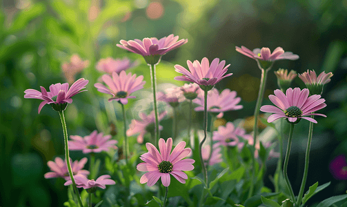 明亮色彩摄影照片_英国花园里生长的一小群粉红