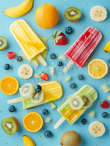 糯米冰棒摄影照片_蓝色背景中冰棒冰淇淋形式的水果味慕斯甜点