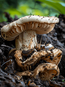 森林里被蠕虫和蛞蝓吃掉的蘑菇