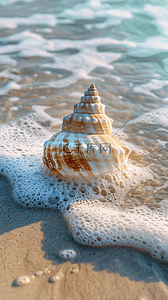 海边的背景图片_夏日海景海滩波浪上的海螺背景素材