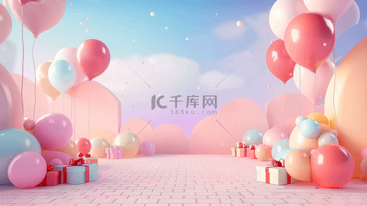 粉色梦幻气球背景图片_六一儿童节促销场景粉彩气球礼物盒背景素材