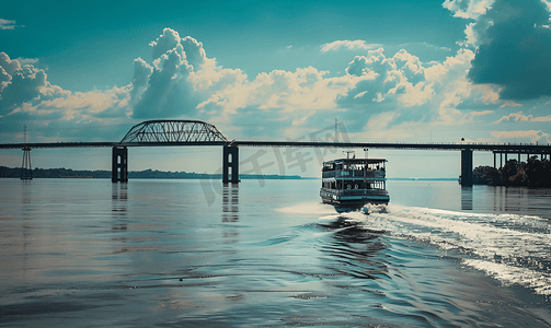 田纳西州摄影照片_密西西比河上的船背景是一座桥