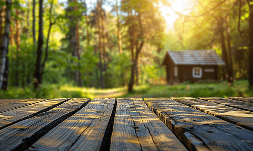 度假村摄影照片_森林背景中杂色木栅栏和地板木材与模糊的房子