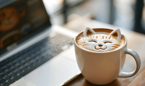 一杯拿铁艺术咖啡形状可爱背景是笔记本电脑