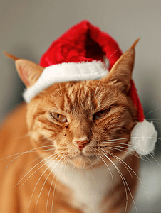 圣诞老人帽子摄影照片_愤怒的红猫戴着圣诞老人的帽子