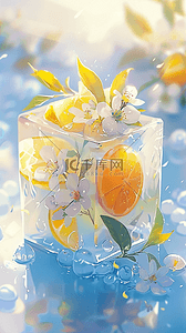 夏日清新素材背景图片_夏日清新可爱冰块里的柠檬花朵背景素材