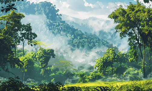 森林中的晨雾热带森林中美丽的风景画草地