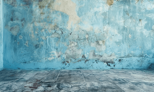 蓝色创意纹理摄影照片_脏墙与蓝色地板的摘要背景