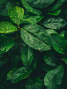 雨天背景与绿叶上的水滴