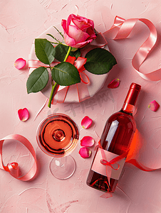 情人节礼物的顶视图与玫瑰和葡萄酒节日餐设计理念