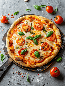 快餐烤冷冻披萨配奶酪番茄和香蒜酱即食